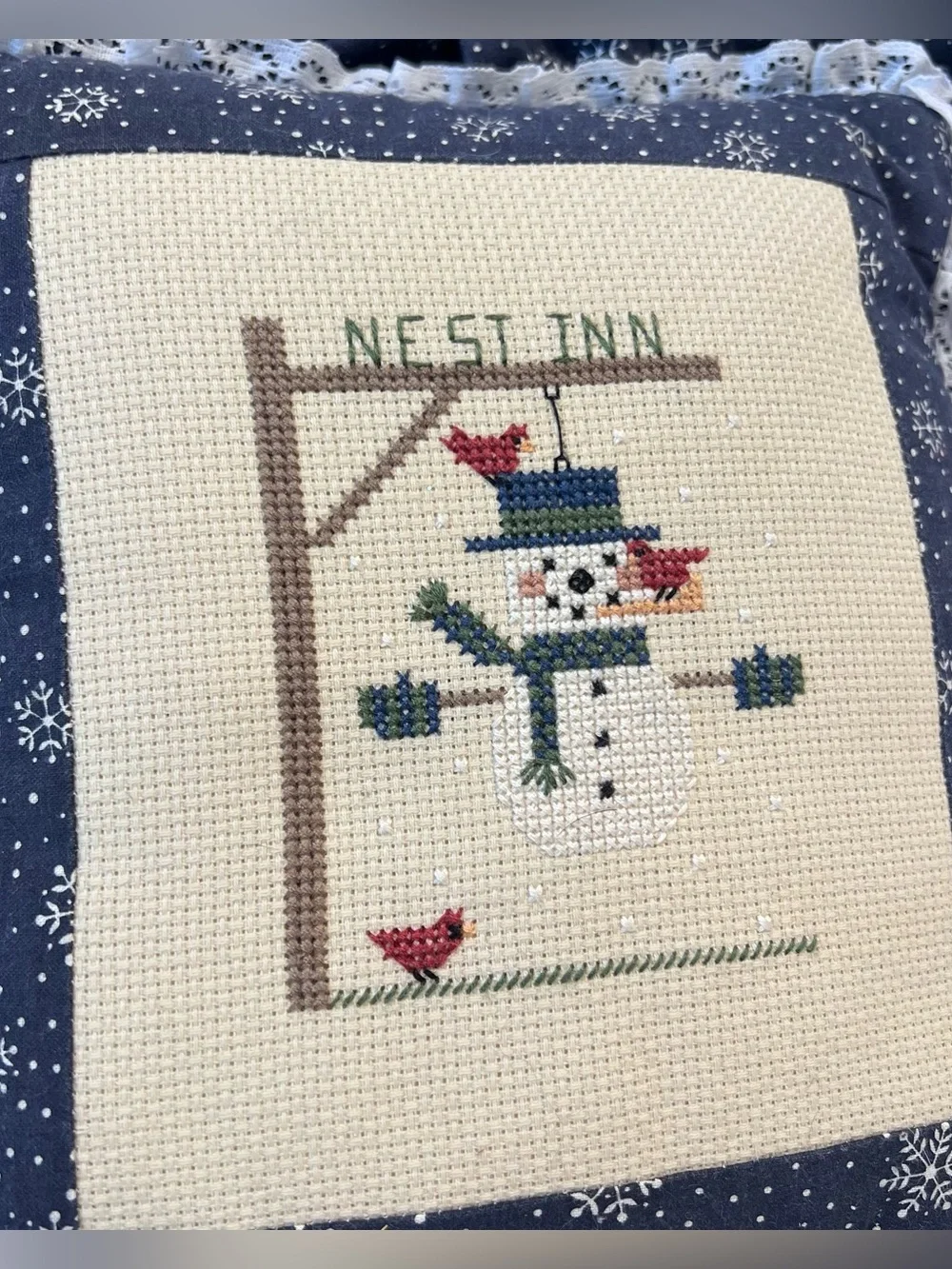 Handmade Christmas Snowman Cross Stitch Pillow Country Primitive Decor